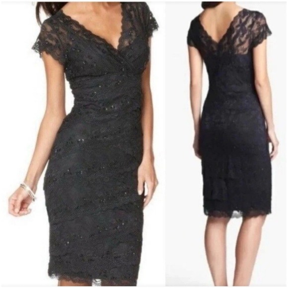 Marina Black Cocktail Dress V Neck Sheath Tiered Lace Sequined Women's 12 - Picture 1 of 10